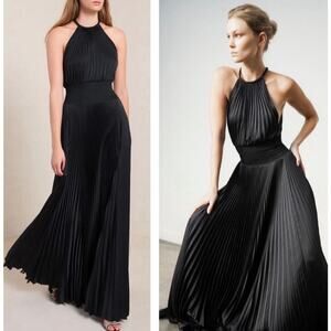 A.L.C. Renata Pleated Halter Satin Black Tie Gown Maxi Dress 0 Formal Event ALC
